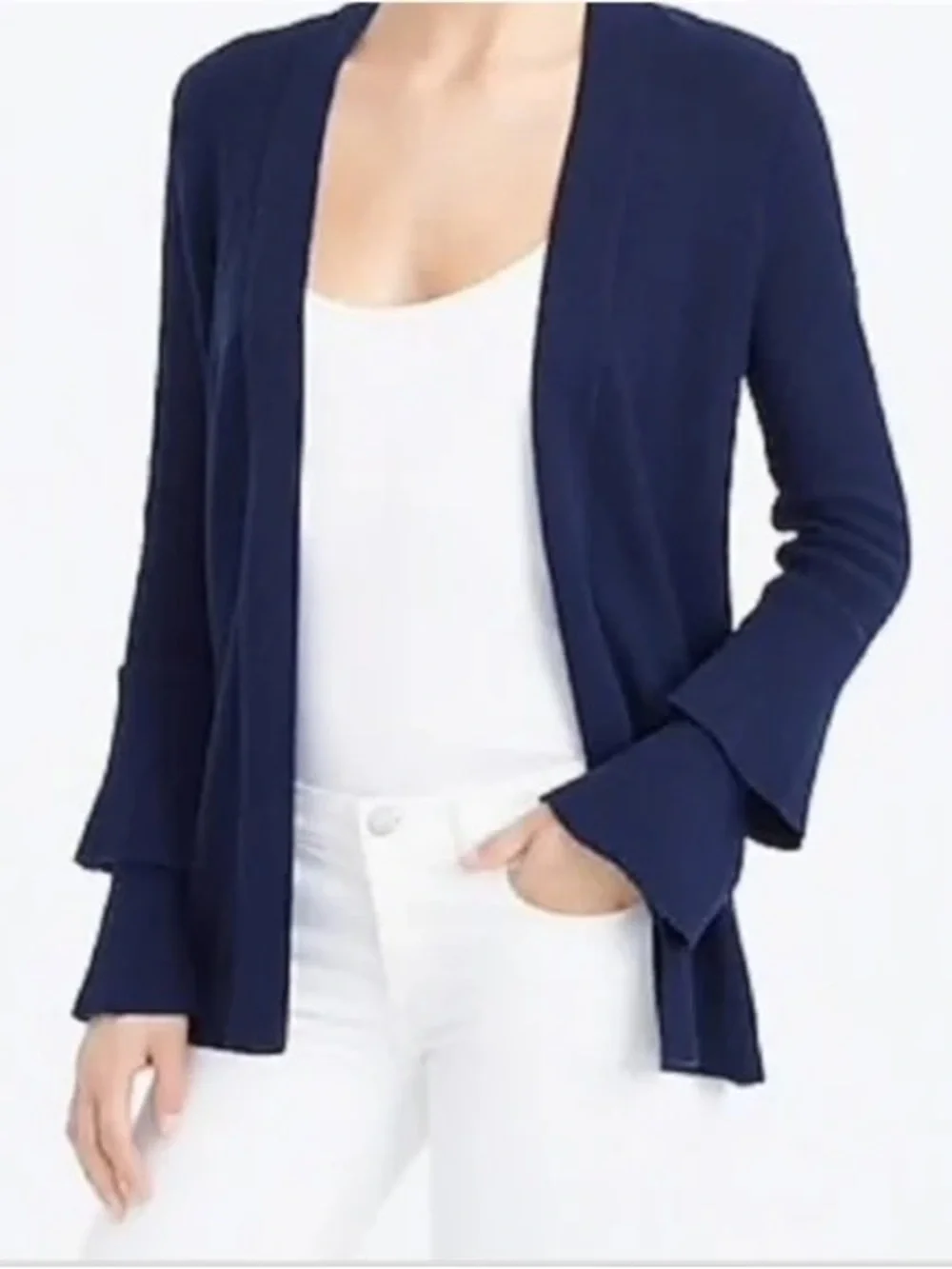 J.Crew Open-Front Navy Cardigan Sweater with Tiered Ruffle Sleeve Details